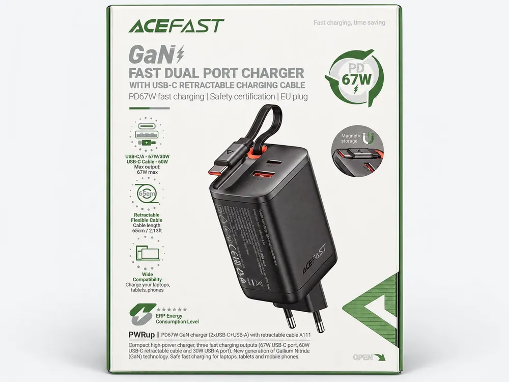 Acefast מטען קיר Acefast GaN 67W עם כבל נשלף
